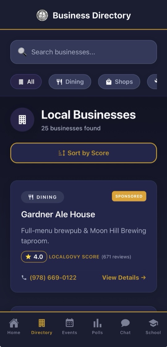 Local government mobile app business directory for towns