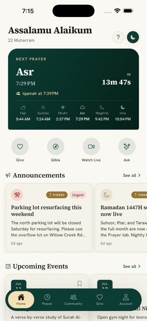 Example LocalGovy mosque and faith community app on iPhone